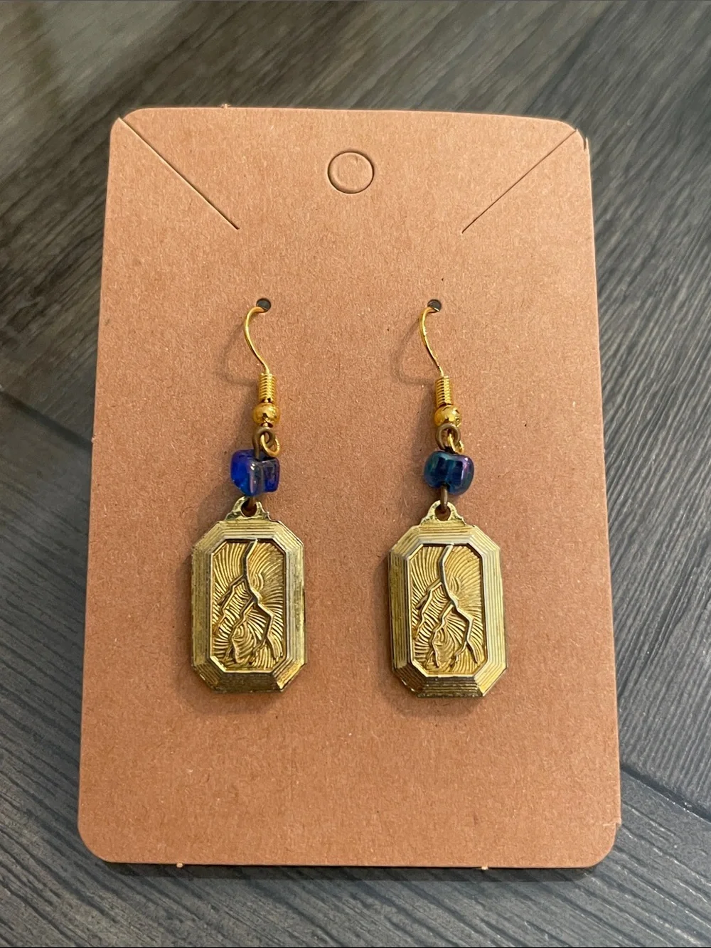 Vintage Gold-tone Rectangular Zeus Medallion Dangle Earrings
